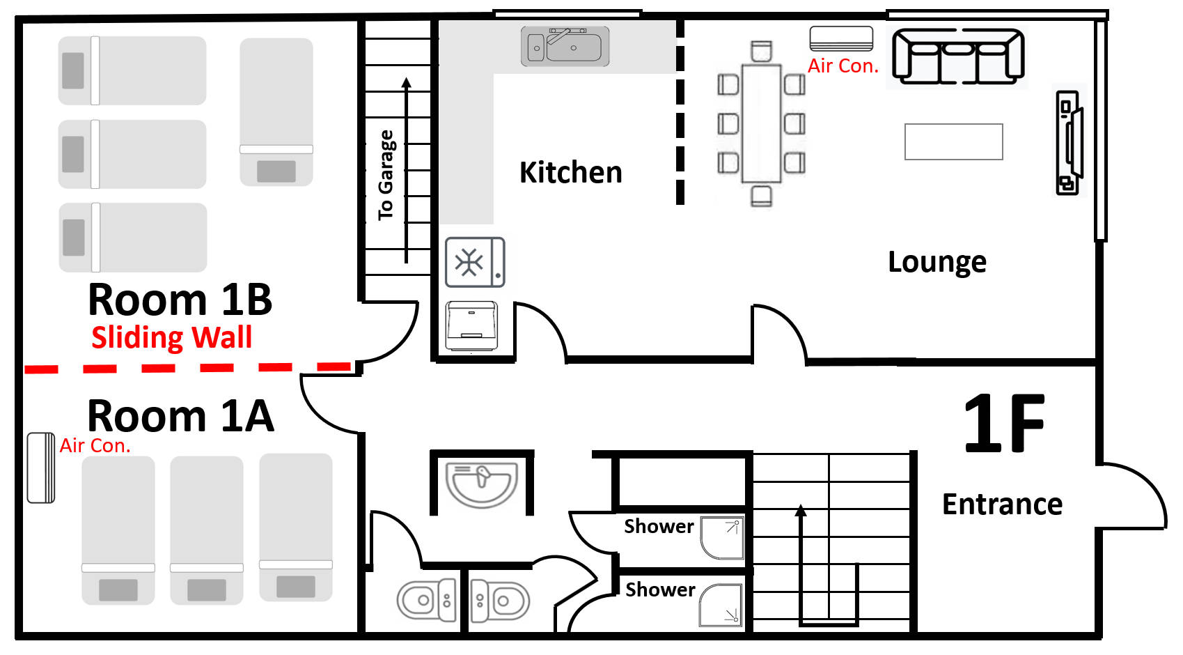Full first-floor layout showing bedrooms, kitchen, lounge, shower rooms and entrance